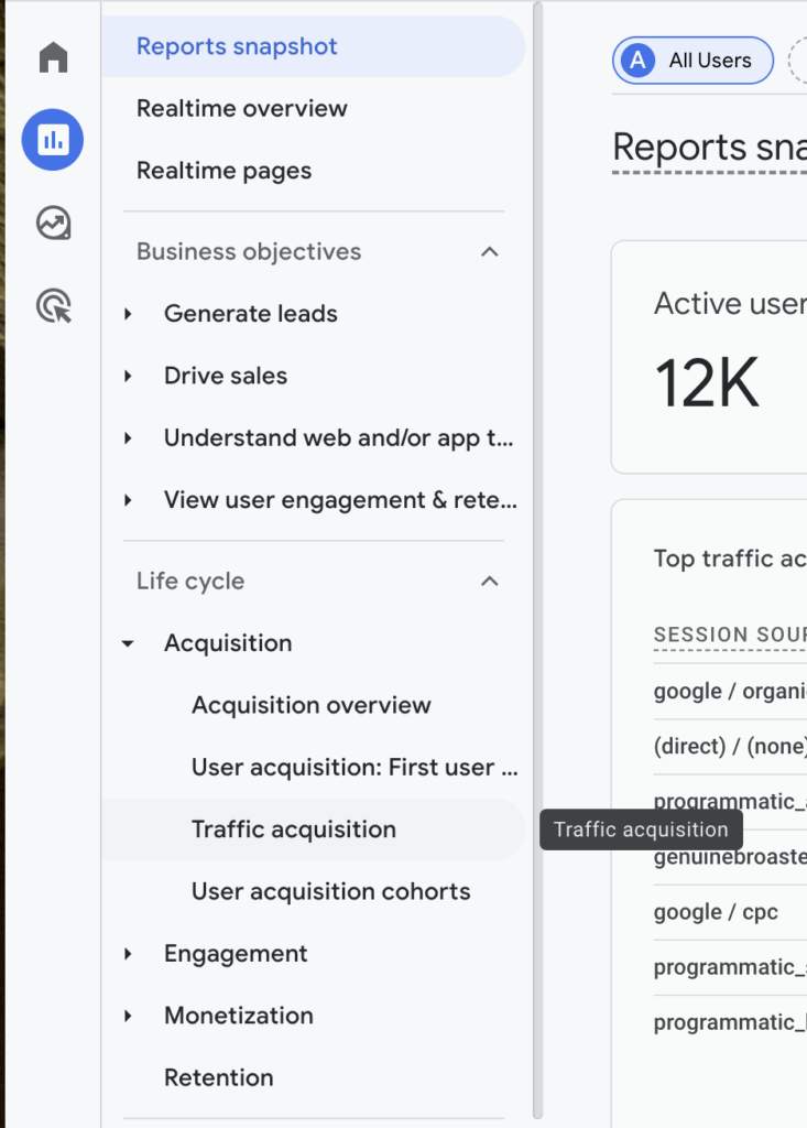 Navigate to Reports > Life Cycle > Acquisition > Traffic Acquisition